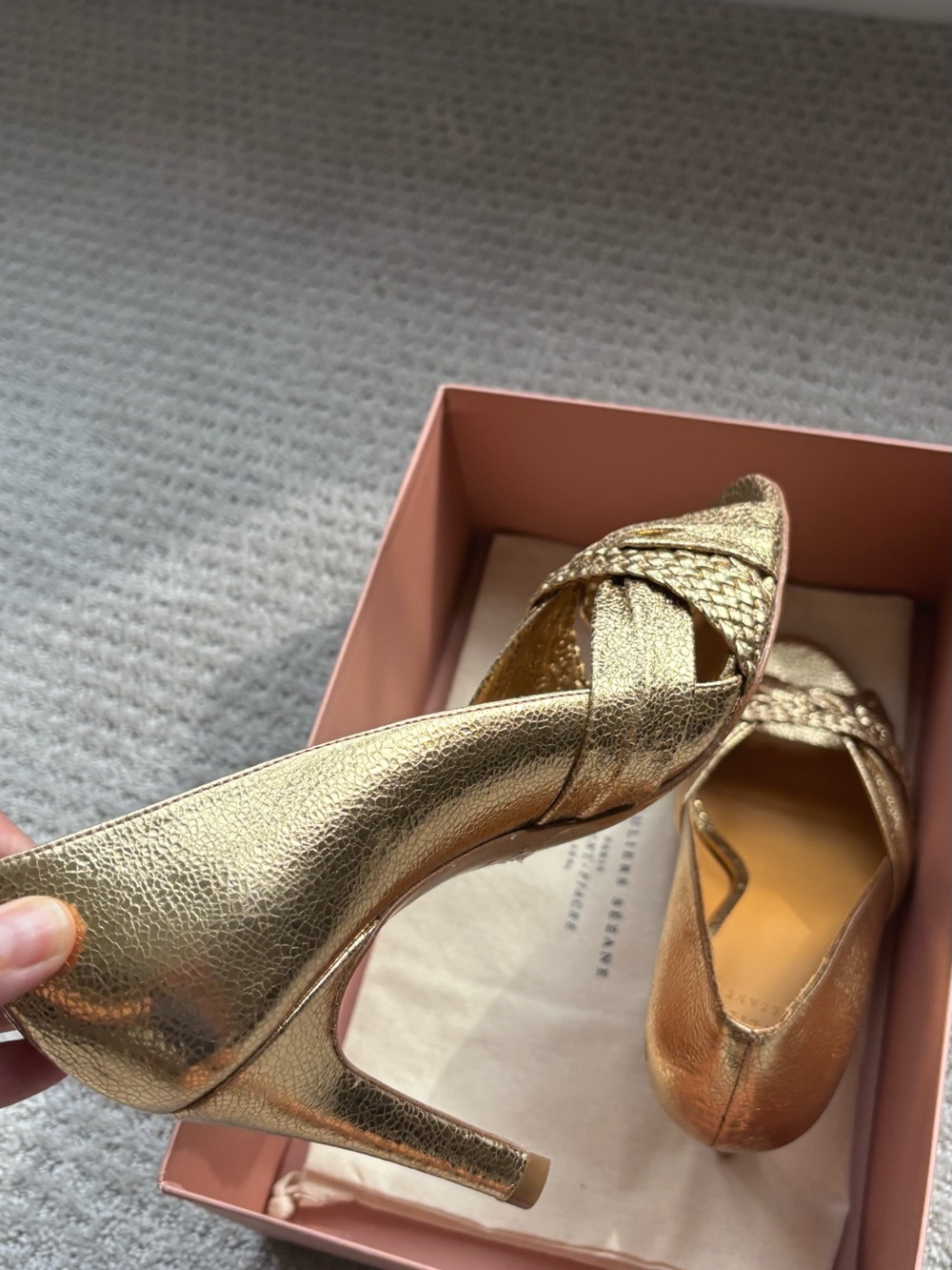 Sezane Metallic Gold Braided Peep-Toe Pumps - Picture 2 of 12